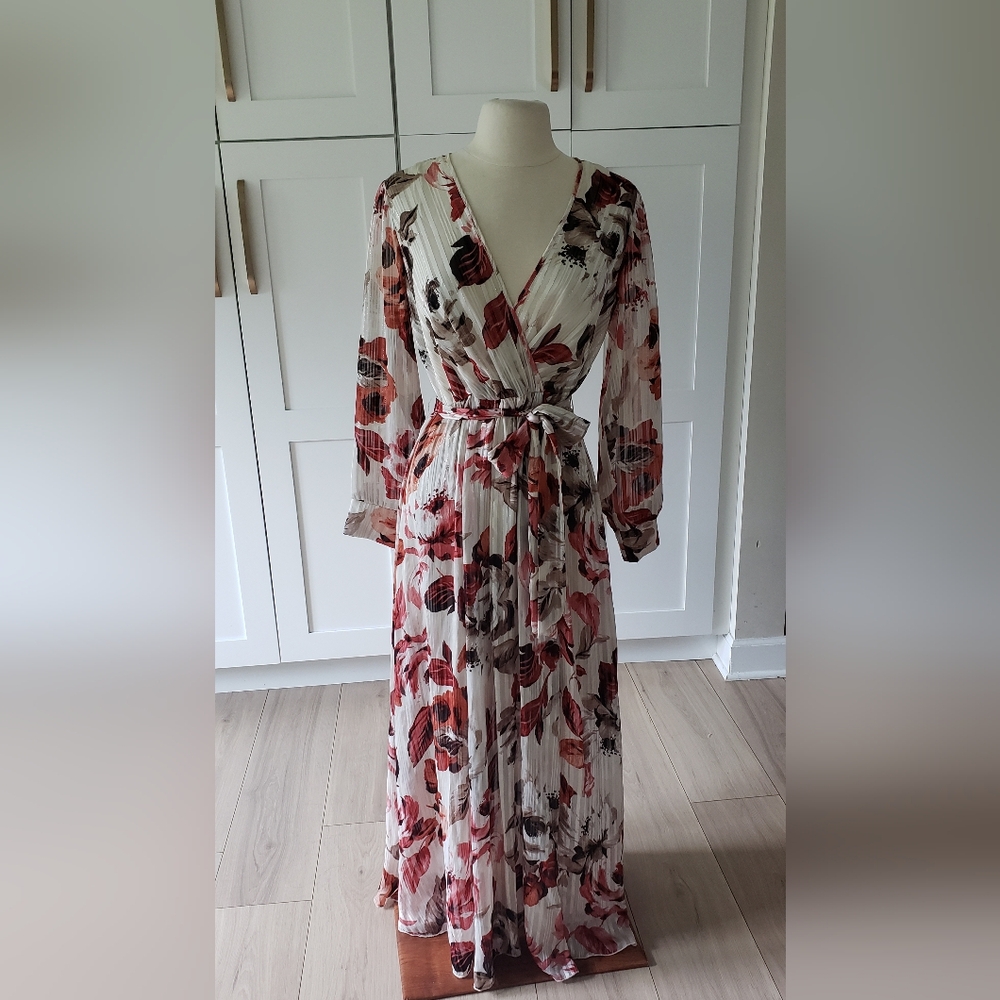 Alexa B Nites Dress Womens 6 Cream Red Floral Maxi Long Sleeve Deep V